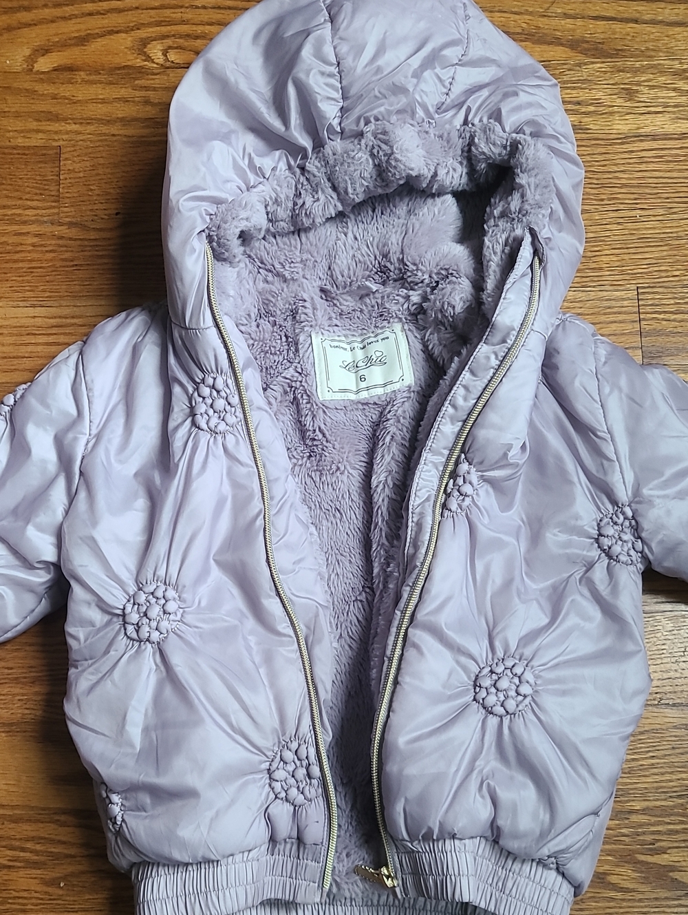 ​Le Chic Girls Lavender Floral Faux Pearl Hooded Puffer Jacket Coat